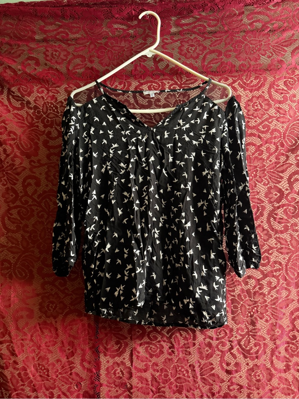 Phildar Paris Bird Print Cold Shoulder Blouse Black White Boho Chic Size US M